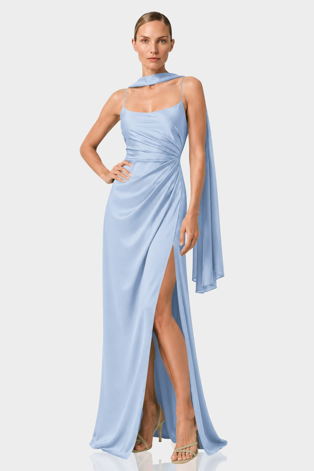 blue satin summer dress Powder Draped Maxi with Scarf Neck – Shahida Parides Empire waist tops a