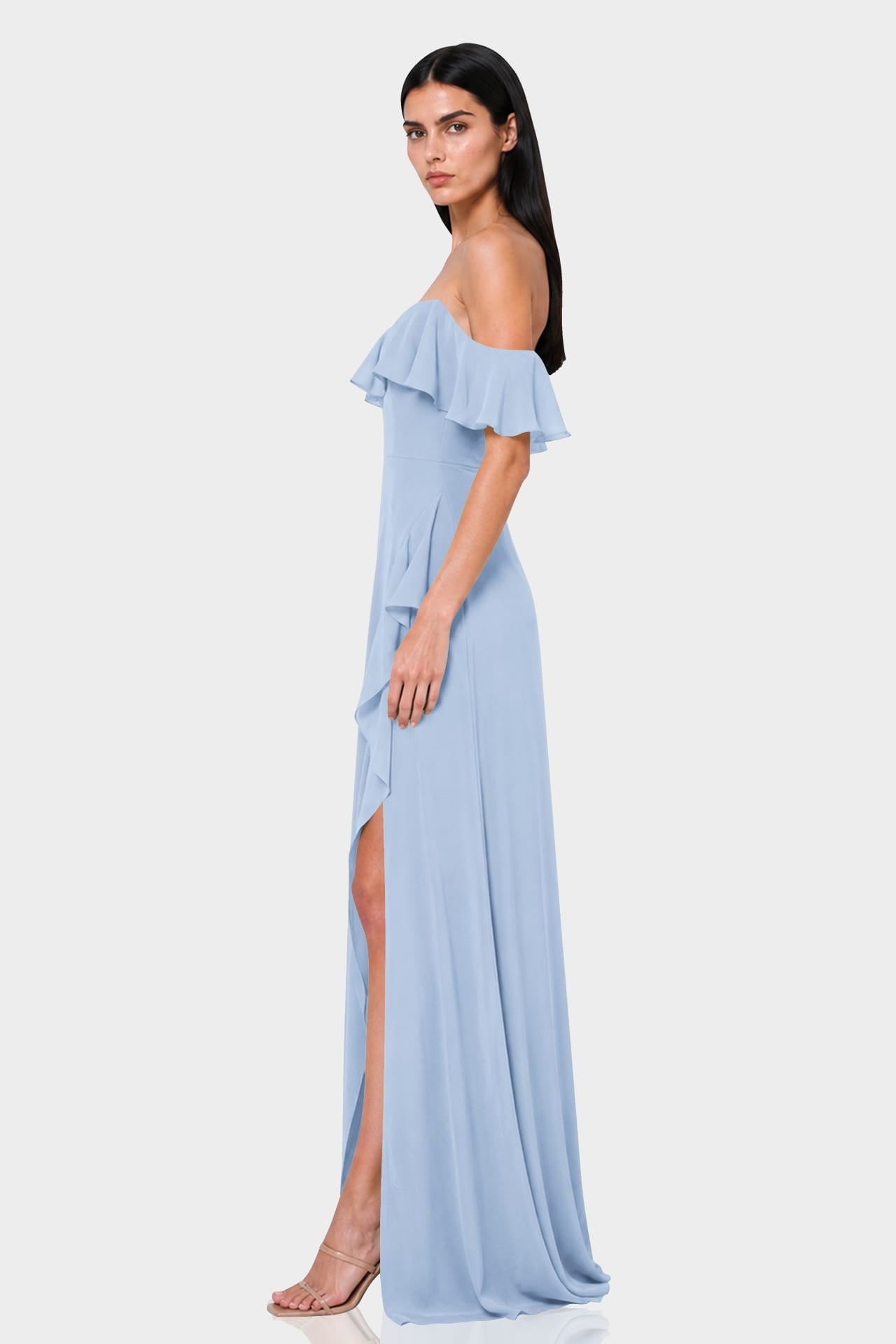 Powder Blue Off Shoulder Chiffon Maxi Dress