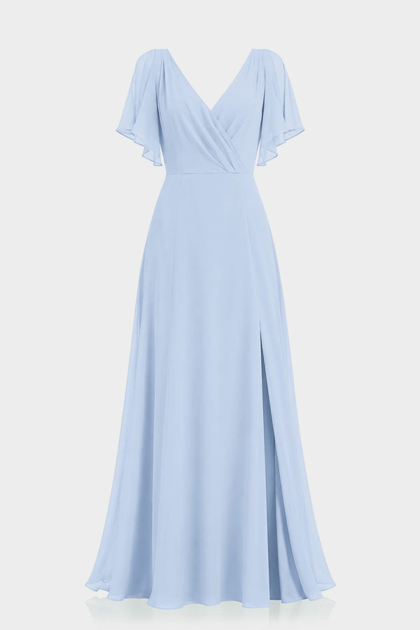 Powder Blue Chiffon Flutter Sleeve Maxi Dress