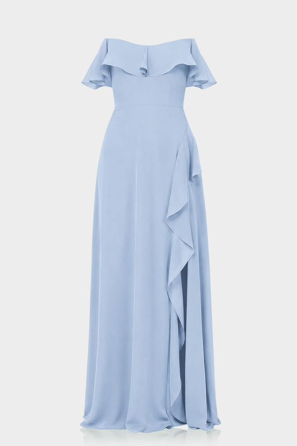 powder blue summer dress S Off-the-Shoulder Chiffon Maxi with Ruffles backless bandage dress Cut:missy Invisible zip closure Luxury See Through Women