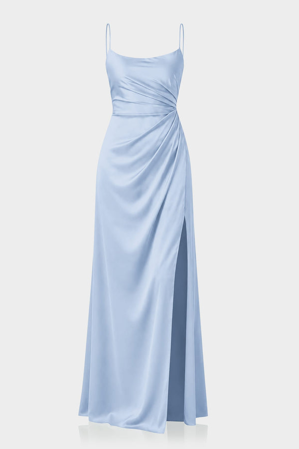 S Powder Blue Satin Draped Maxi with Scarf Neck & Side Slit