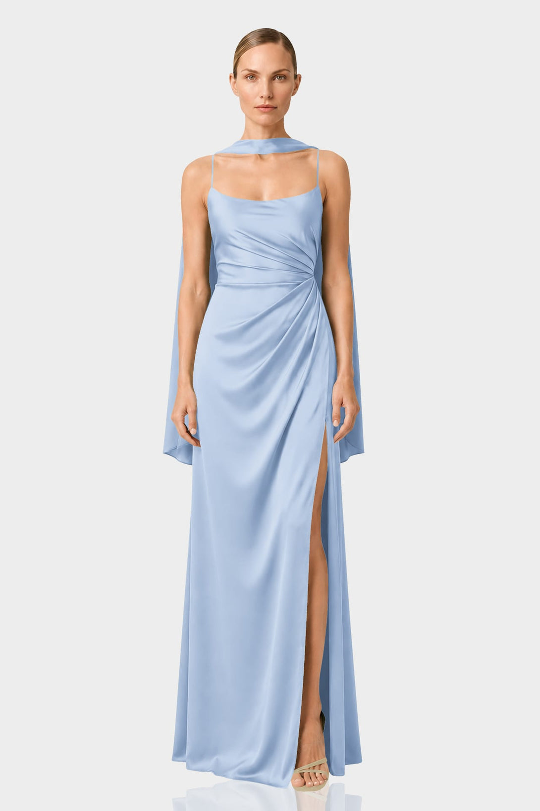 S Powder Blue Satin Draped Maxi with Scarf Neck & Side Slit