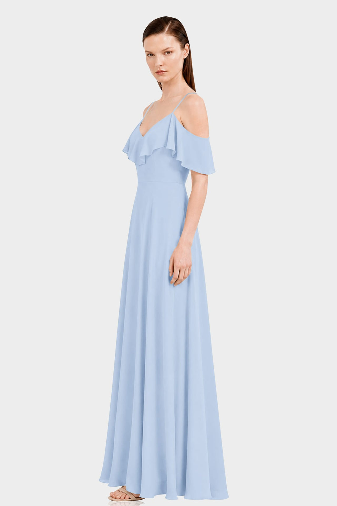designer chiffon elegant dress S Powder Blue Cold Shoulder with Ruffles Size:(IT)38 featuring elegant puff sleeves 20EASTER sunyuannn Womens High Waisted