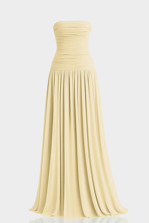 champagne flowy dress Strapless Pleated Chiffon Formal – Shahida Parides wedding