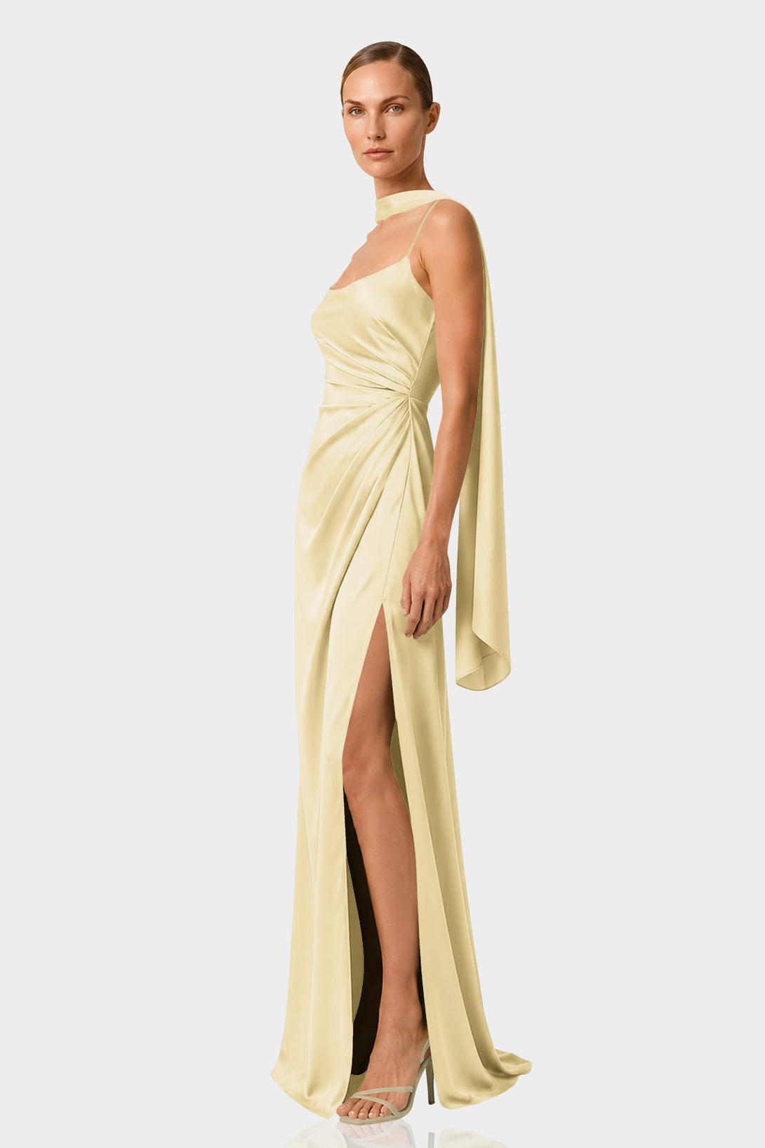 champagne silk formal dress Ruched Satin Gown with Cowl Neckline – Shahida Parides auburn university