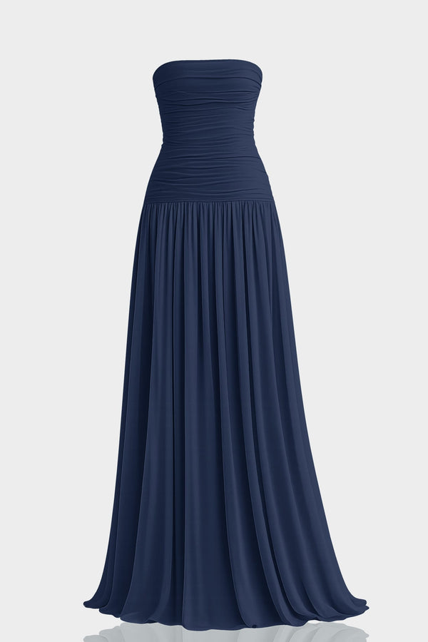 navy blue flowy dress Midnight Strapless Pleated Chiffon Formal – Shahida Parides casual navy blue dress