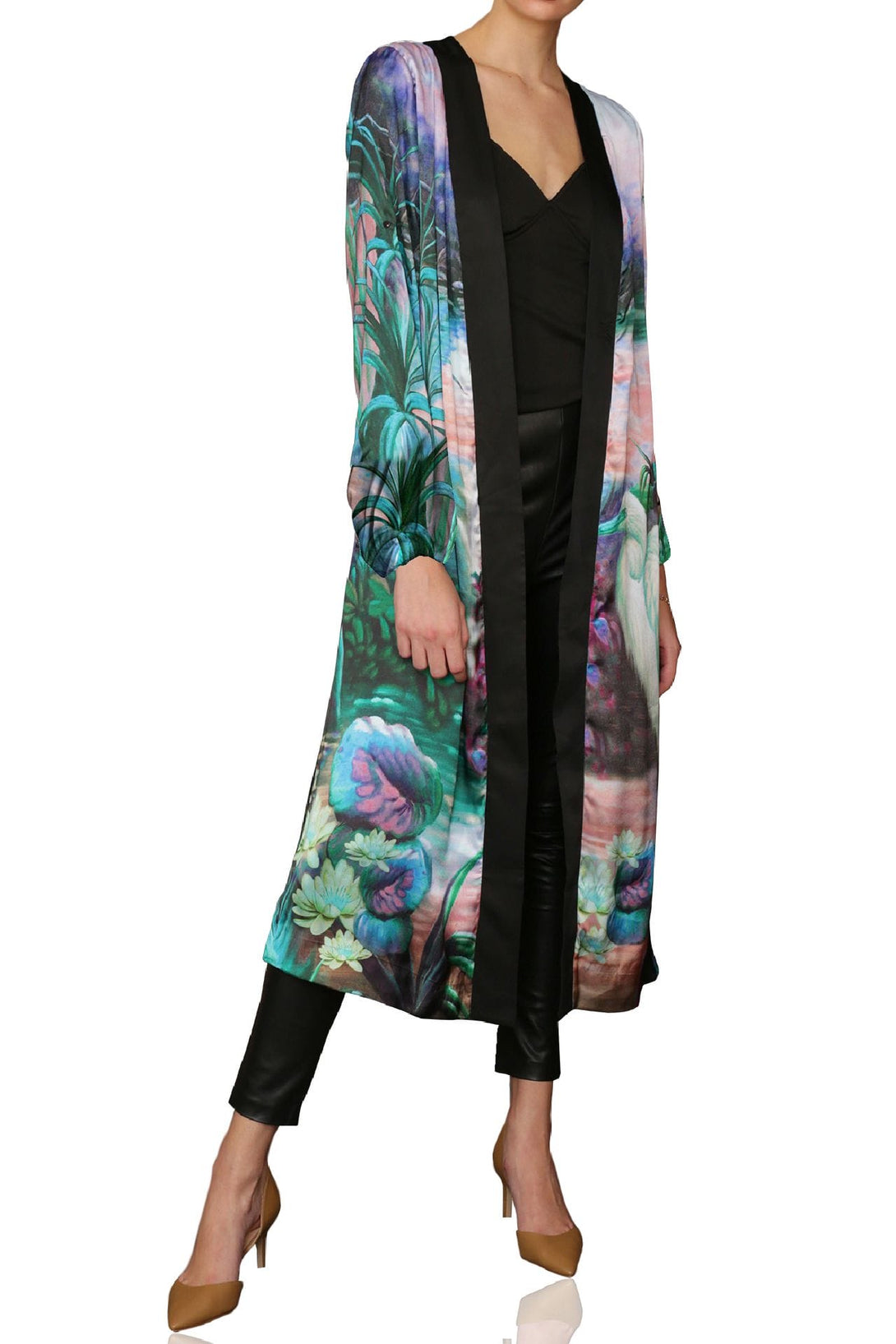 blue silk, long robe, luxury kimono, bird print, chic fashion, terrace style