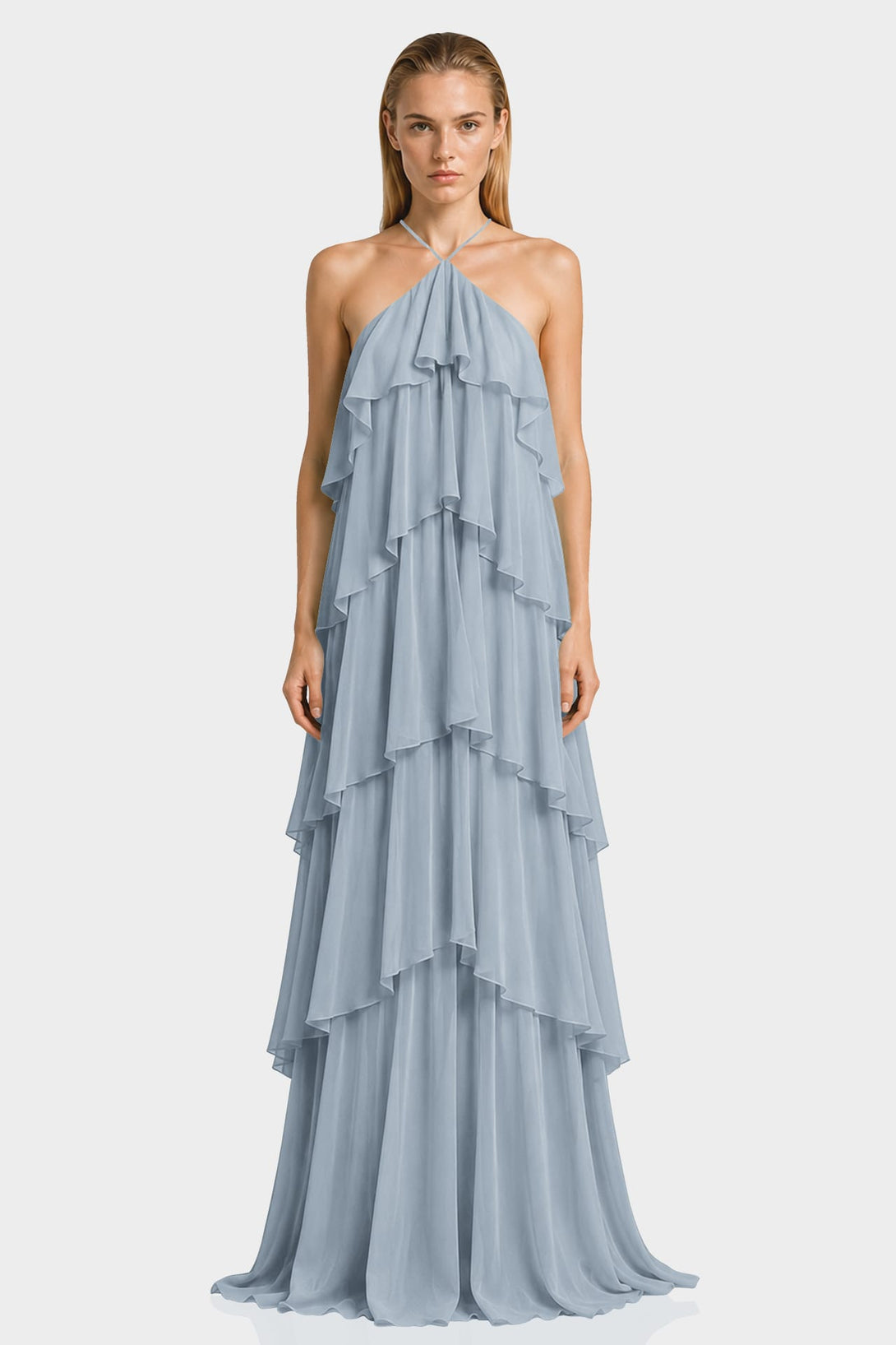 ruffle halter bridesmaid dress Dusty Blue Tiered Chiffon Gown – Shahida Parides Halter maxi dress