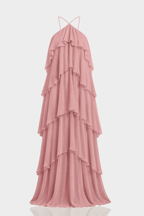 Dusty Rose Tiered Ruffle Chiffon Halter Maxi Dress – Shahida Parides