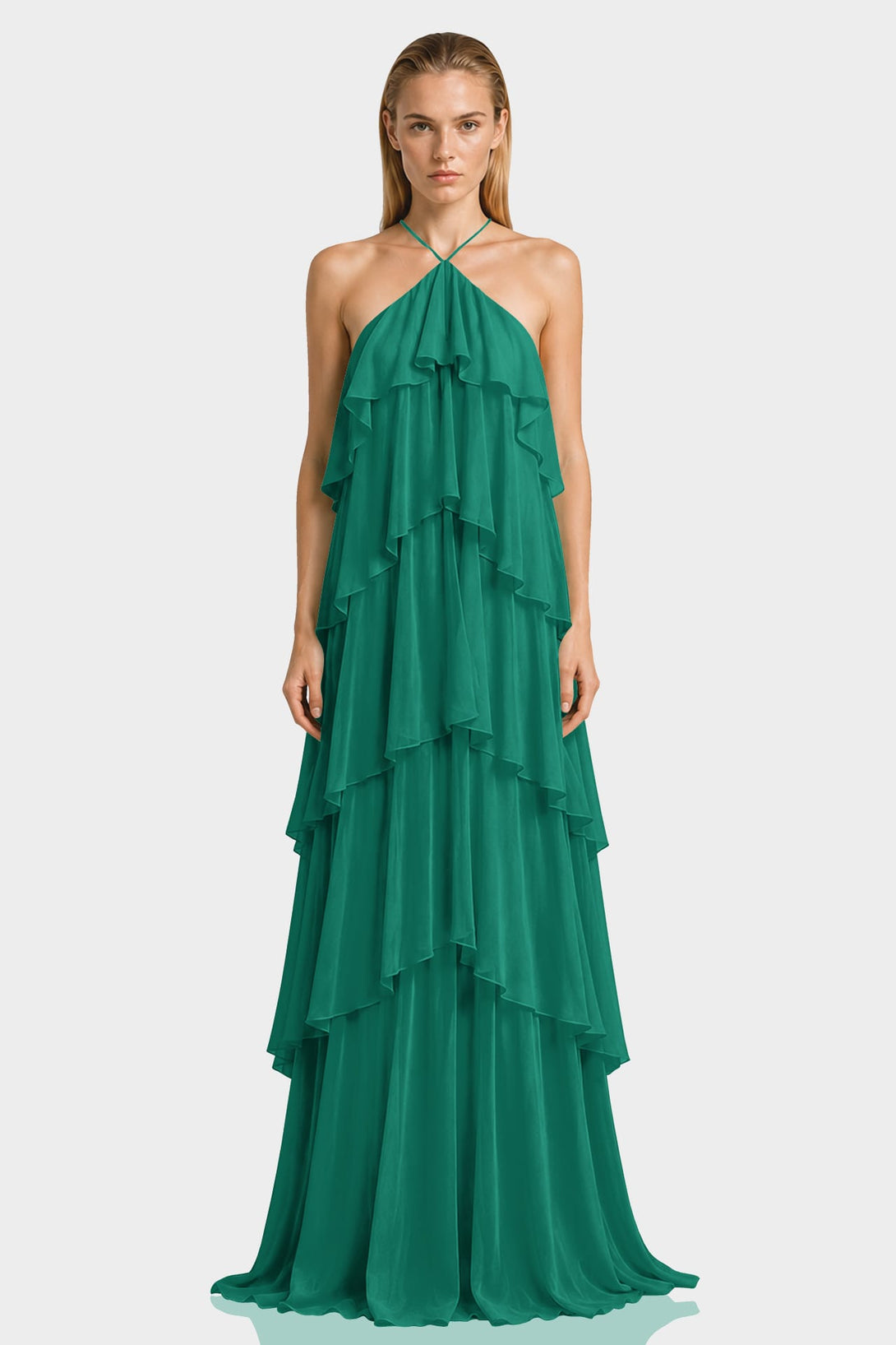 ruffle halter bridesmaid dress Emerald Tiered Chiffon Gown – Shahida Parides Halter maxi dress