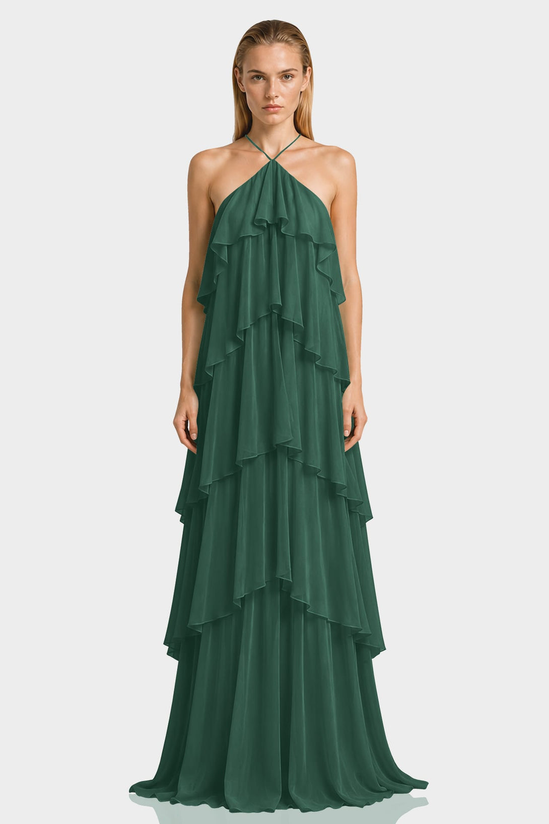 green chiffon halter dress Hunter Tiered Ruffle Bridesmaid – Shahida Parides homecoming dresses fitted