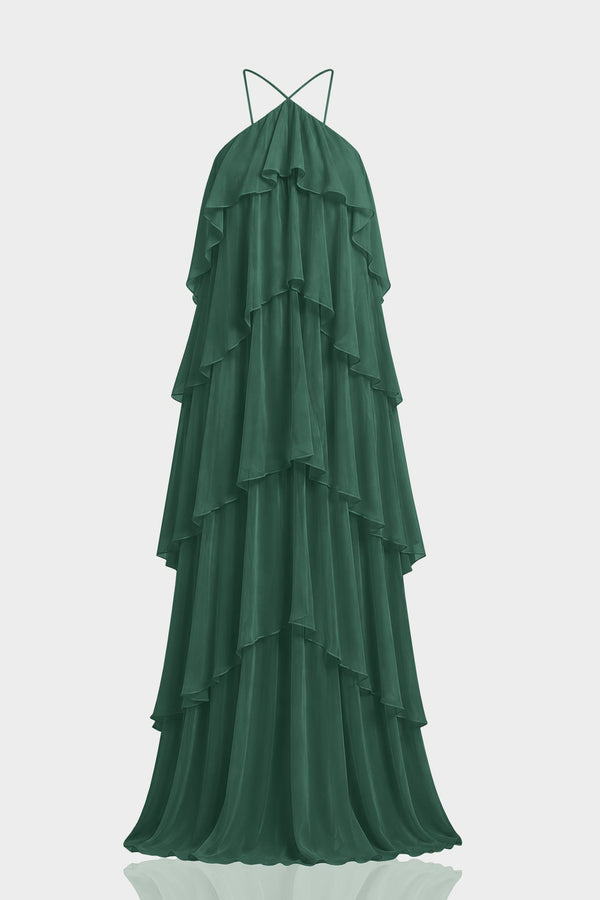 Hunter Green Tiered Ruffle Chiffon Bridesmaid Dress – Shahida Parides