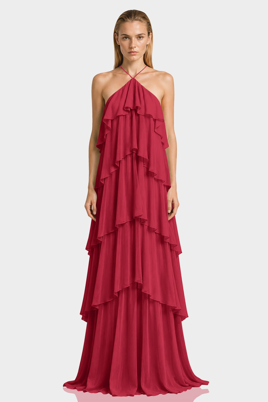red chiffon halter dress Ruby Tiered Ruffle Evening Gown – Shahida Parides Montego Bandeau Dress