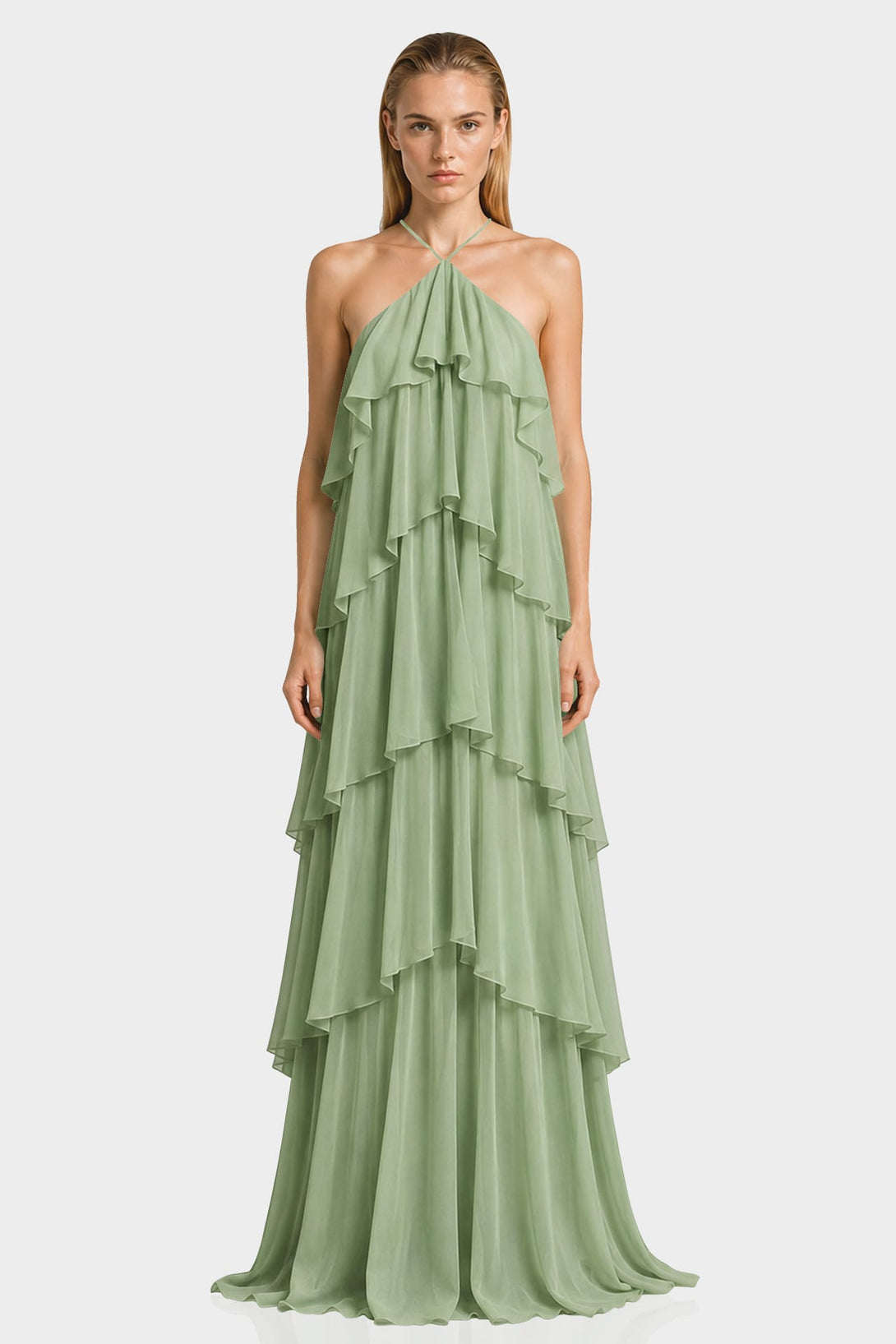 ruffled halter bridesmaid dress Sage Green Tiered Ruffle Chiffon Gown – Shahida Parides bridesmaid dress styles