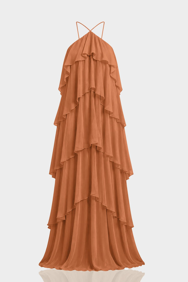 Sienna Halter Maxi Dress with Chiffon Ruffle Layers – Shahida Parides