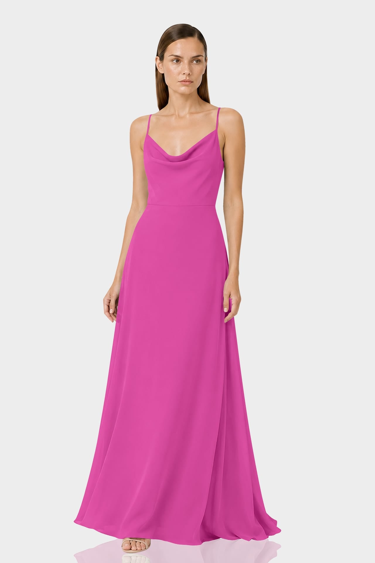 formal fuchsia dress Cowl Neck Chiffon A-Line Bridesmaid – Shahida Parides long fuchsia dress