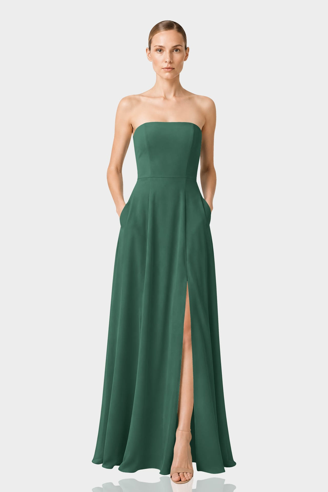 hunter green dress for wedding Satin Strapless Bridesmaid with High Slit – Shahida Parides hunter green formal dress