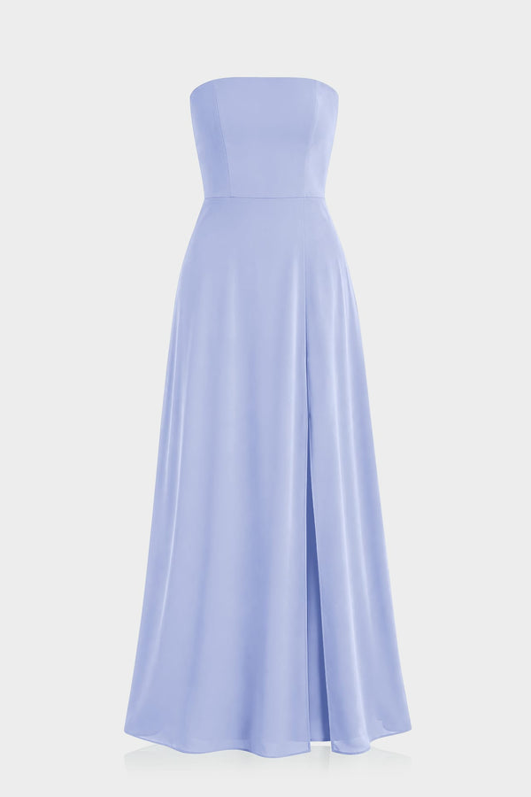 Ice Blue Satin Strapless A-Line Bridesmaid Dress with Slit – Shahida Parides