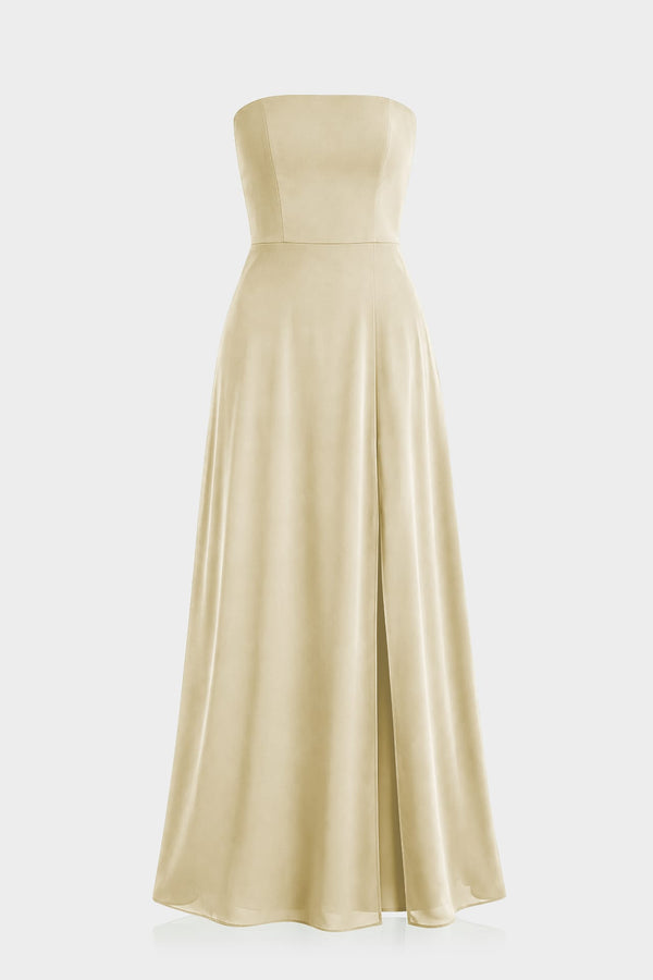 Ivory Satin Strapless A-Line Bridesmaid Dress with Slit – Shahida Parides