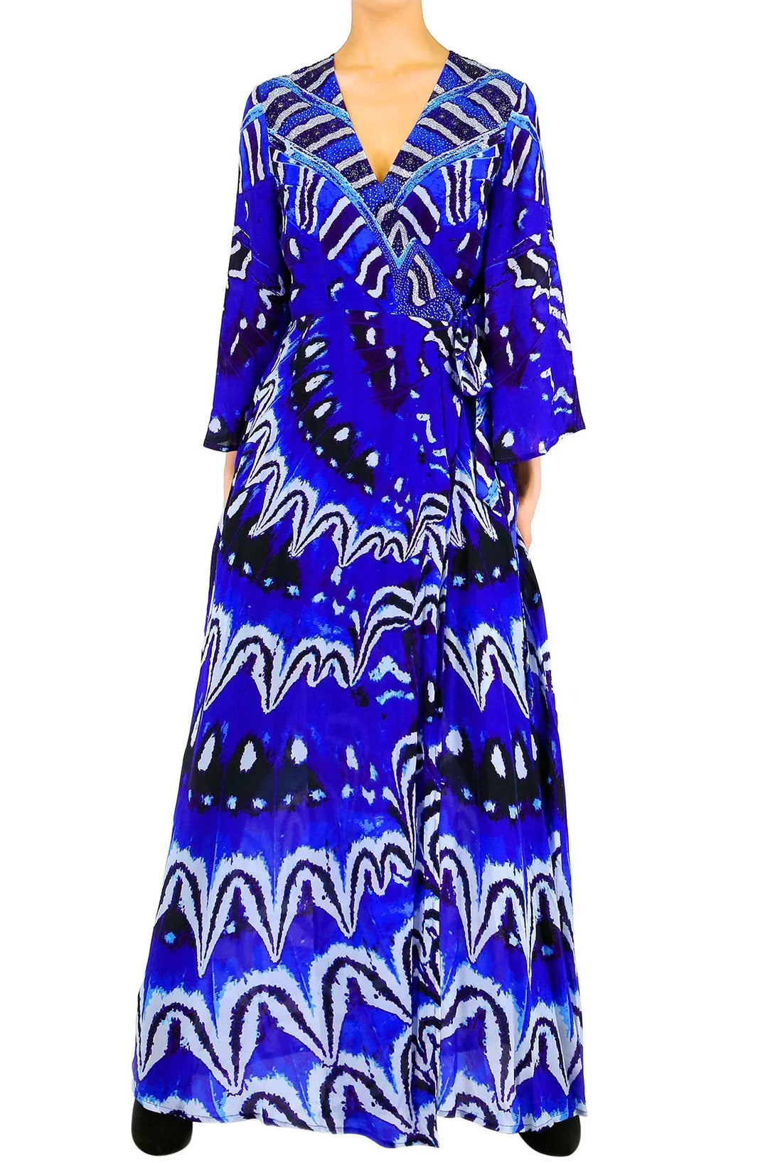 Blue Printed Wrap Maxi Dress with Sleeves