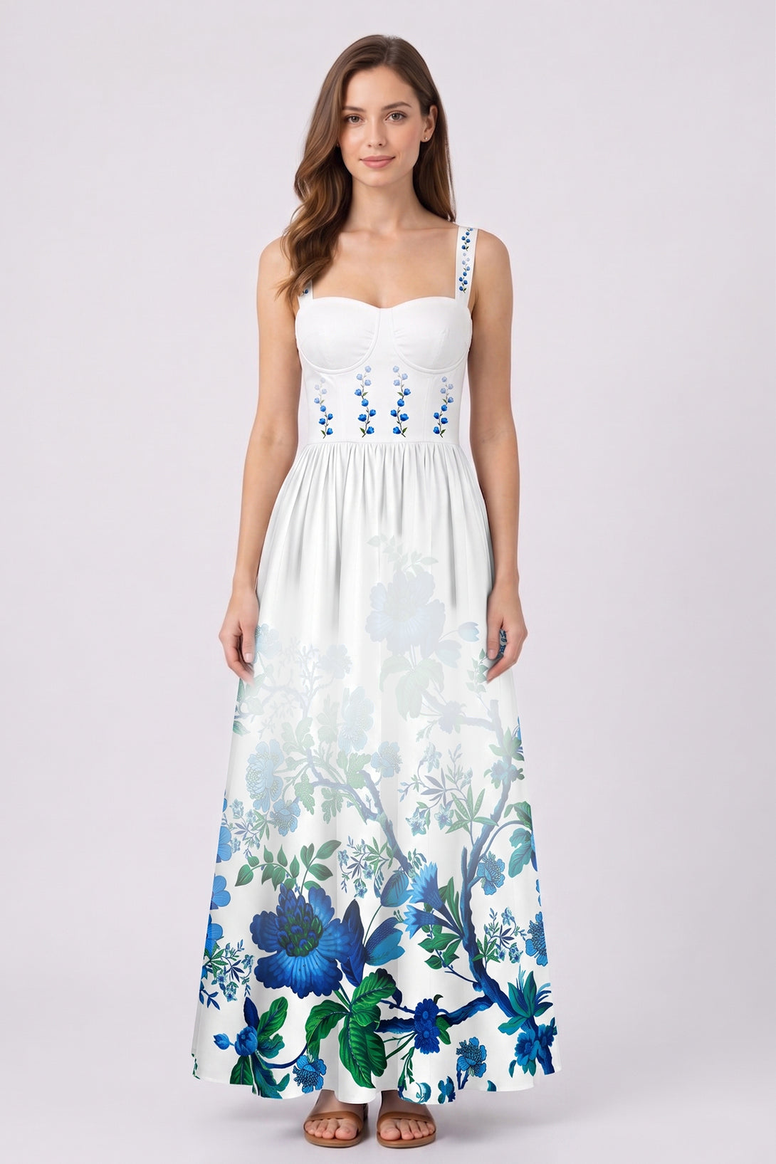 S Blue Floral Bustier Maxi Dress in Cotton Poplin with Printed Corset Bodice S Blue Floral Bustier Maxi Dress in Cotton Poplin with Printed Corset Bodice