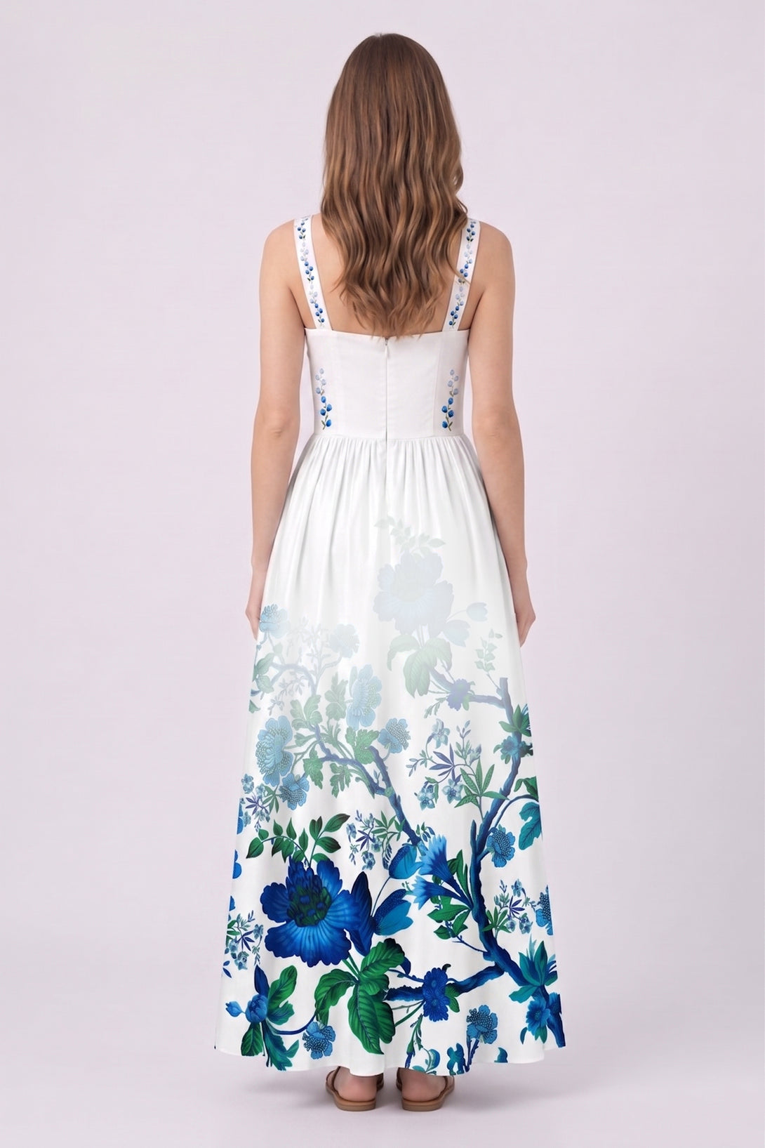S Blue Floral Bustier Maxi Dress in Cotton Poplin with Printed Corset Bodice
