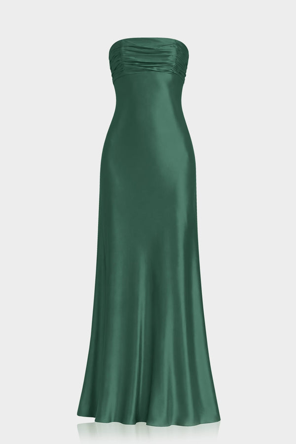 Hunter Green Satin Strapless Bridesmaid Dress with High Slit – Shahida Parides
