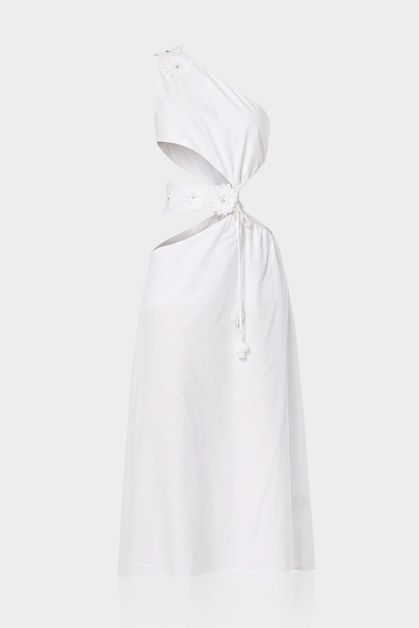 Small White One Shoulder A-Line Cut Out Midi Dress for Luxury Resort Wear