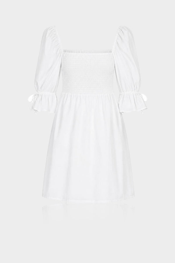S Luxury White Smocked Mini Dress with Puff Sleeves, Tie Cuff Details
