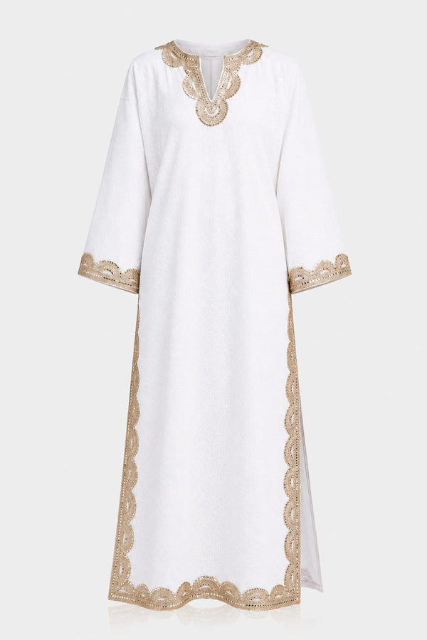 One Size White Embellished Couture Kaftan Maxi Dress with Gold Detailing