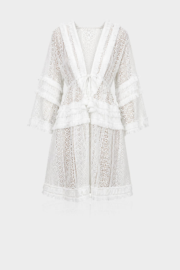 S White Sheer Lace Mini Resort Dress for Luxury Beach Vacations, Beach Clubs & Tropical Getaways