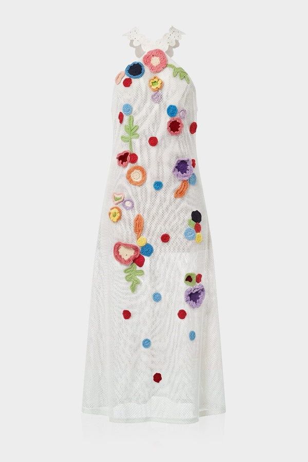 Small White Sheer Mesh Crochet Floral Halter Midi Dress-Vacation Statement Dress