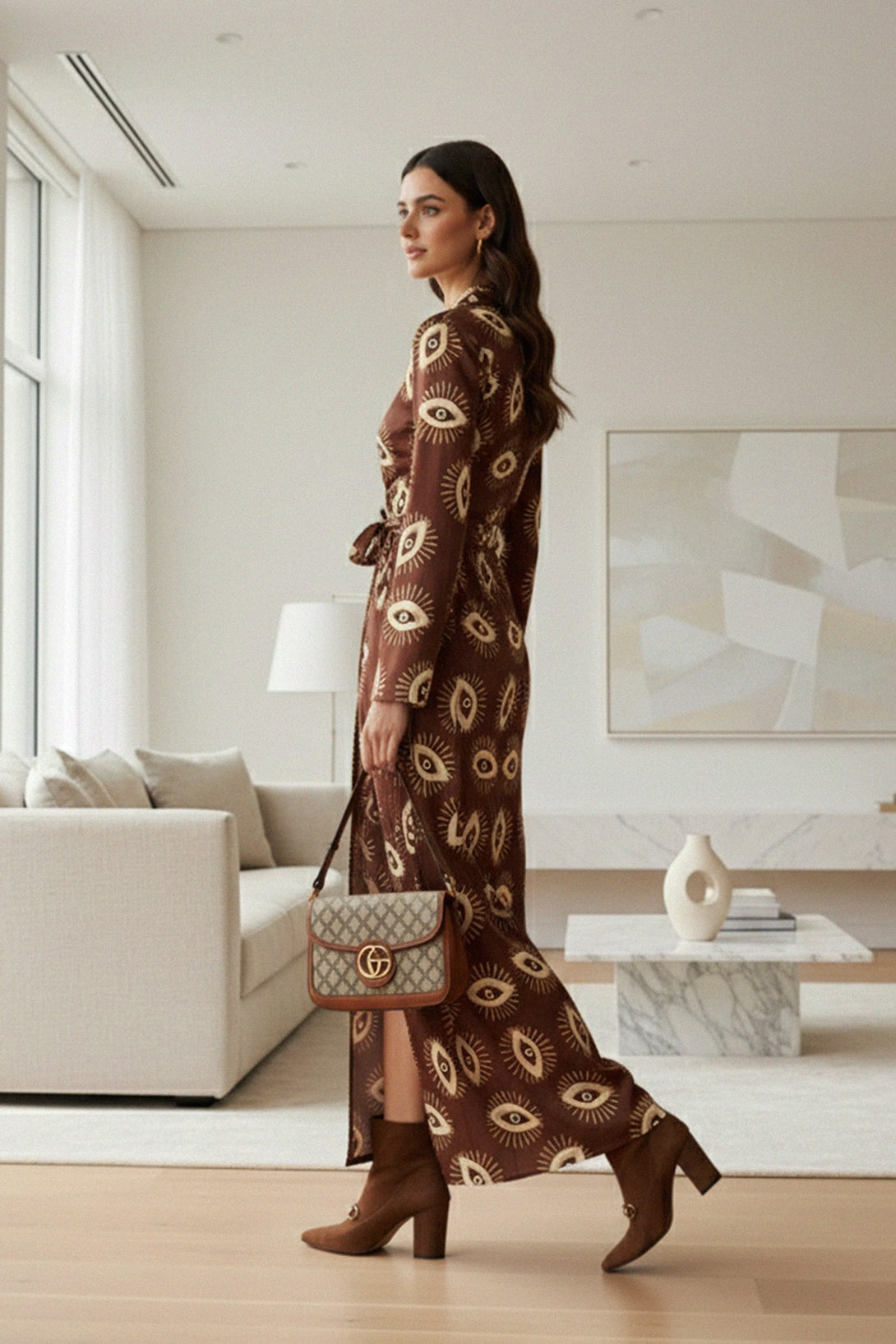 Luxury boho wrap dress with mystical eye pattern, shahida
