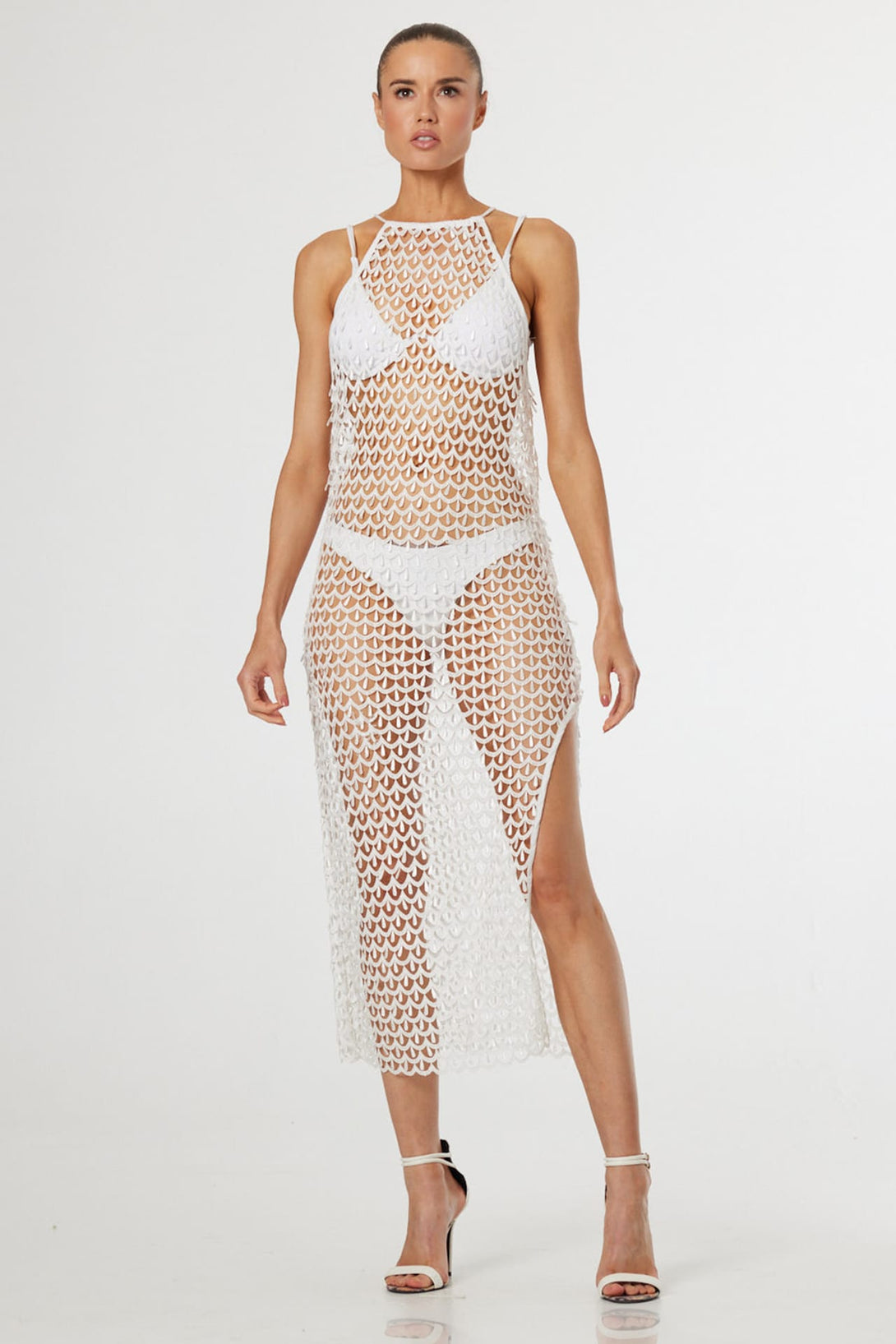 sheer dress beach S White Crochet Halter Maxi for Luxury Clubs, Yacht Vacations & Resort Wear Stunning Royal Blue Prom vanity table with mirror or heading to a Dress:Dress+gloves