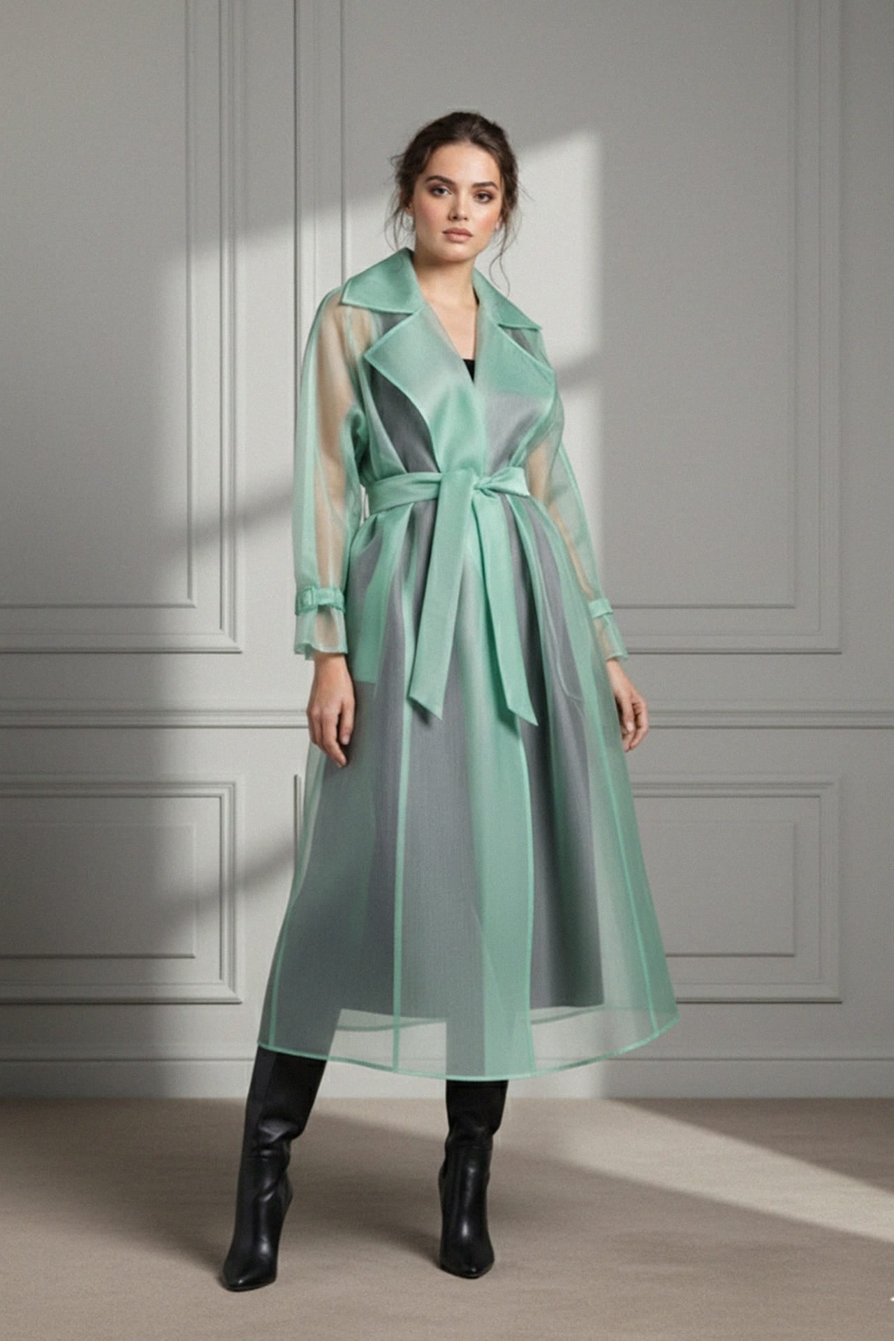 Sage Organza Trench Coat | Lightweight Transparent Summer Layer