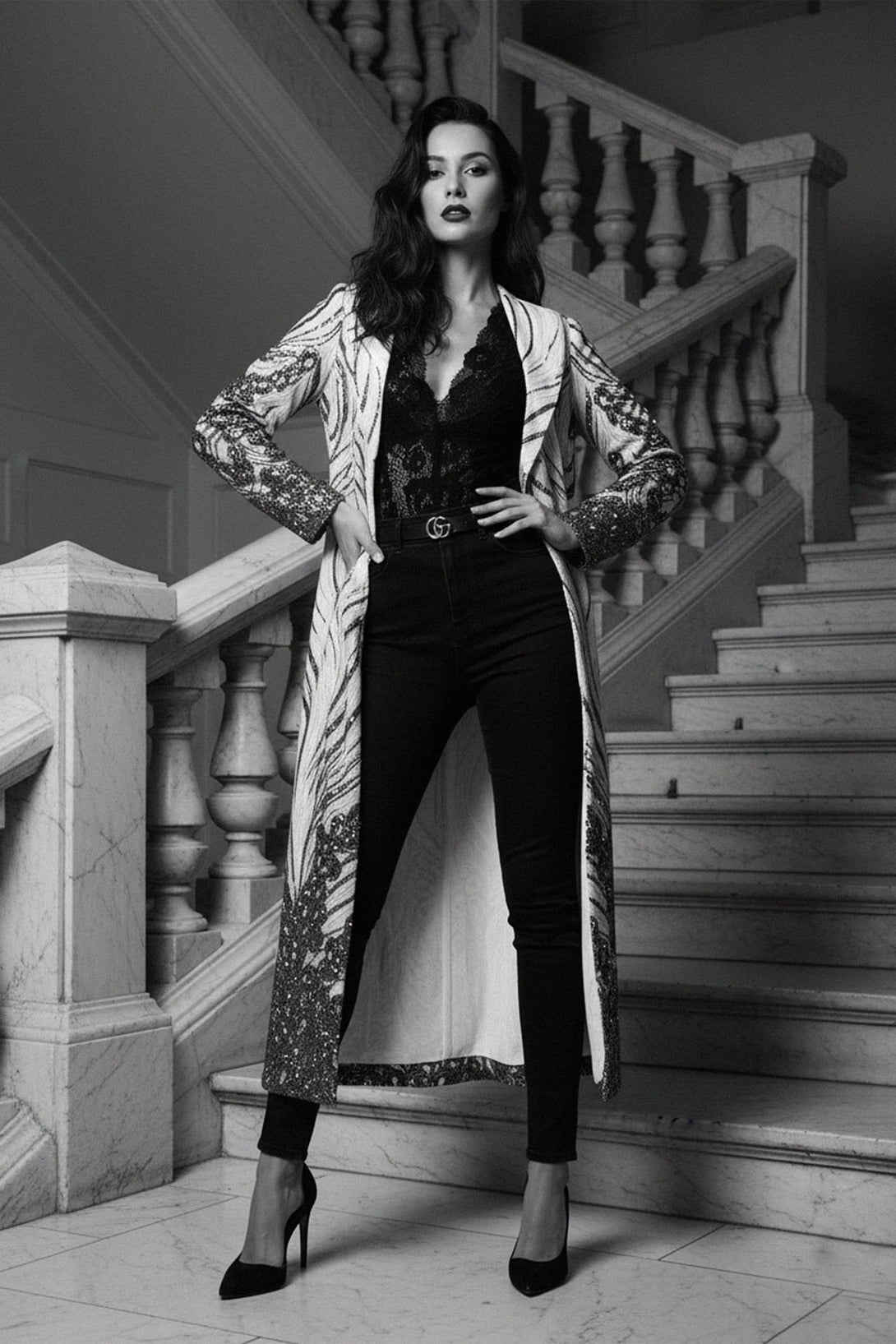 Long sequin jacket,
Elegant long coat,
Shahida, Couture Coats,