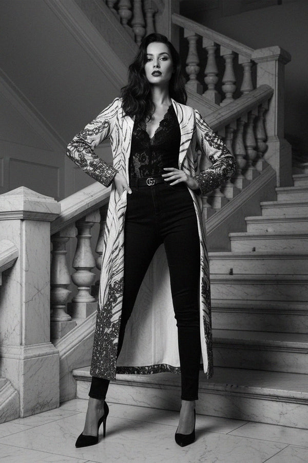 Long sequin jacket,
Elegant long coat,
Shahida, Couture Coats,