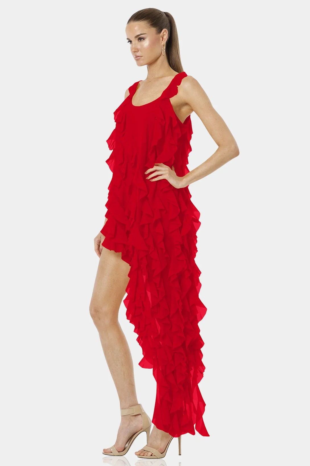 red frilly dresses S Carmen Flaming Red Sleeveless Dress Long Ruffled Overlay