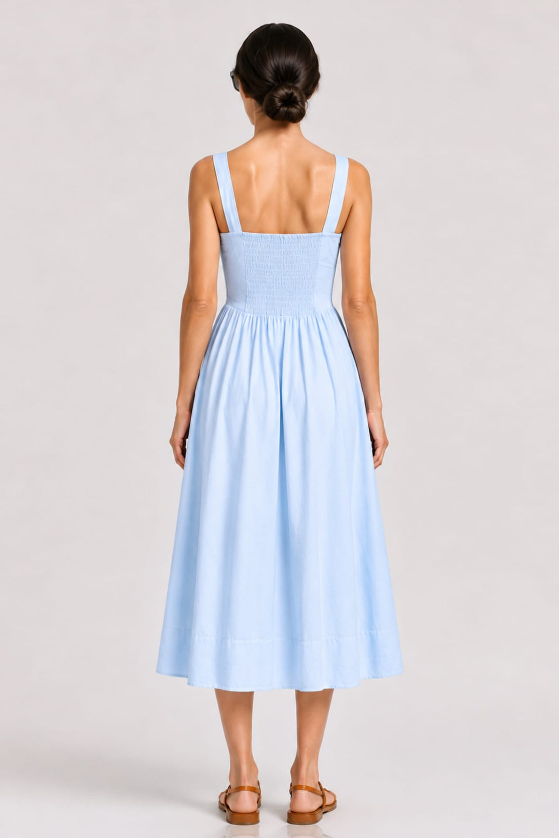 S Sky Blue Linen Corset Midi Dress with Square Neckline – Bridal Shower Dress