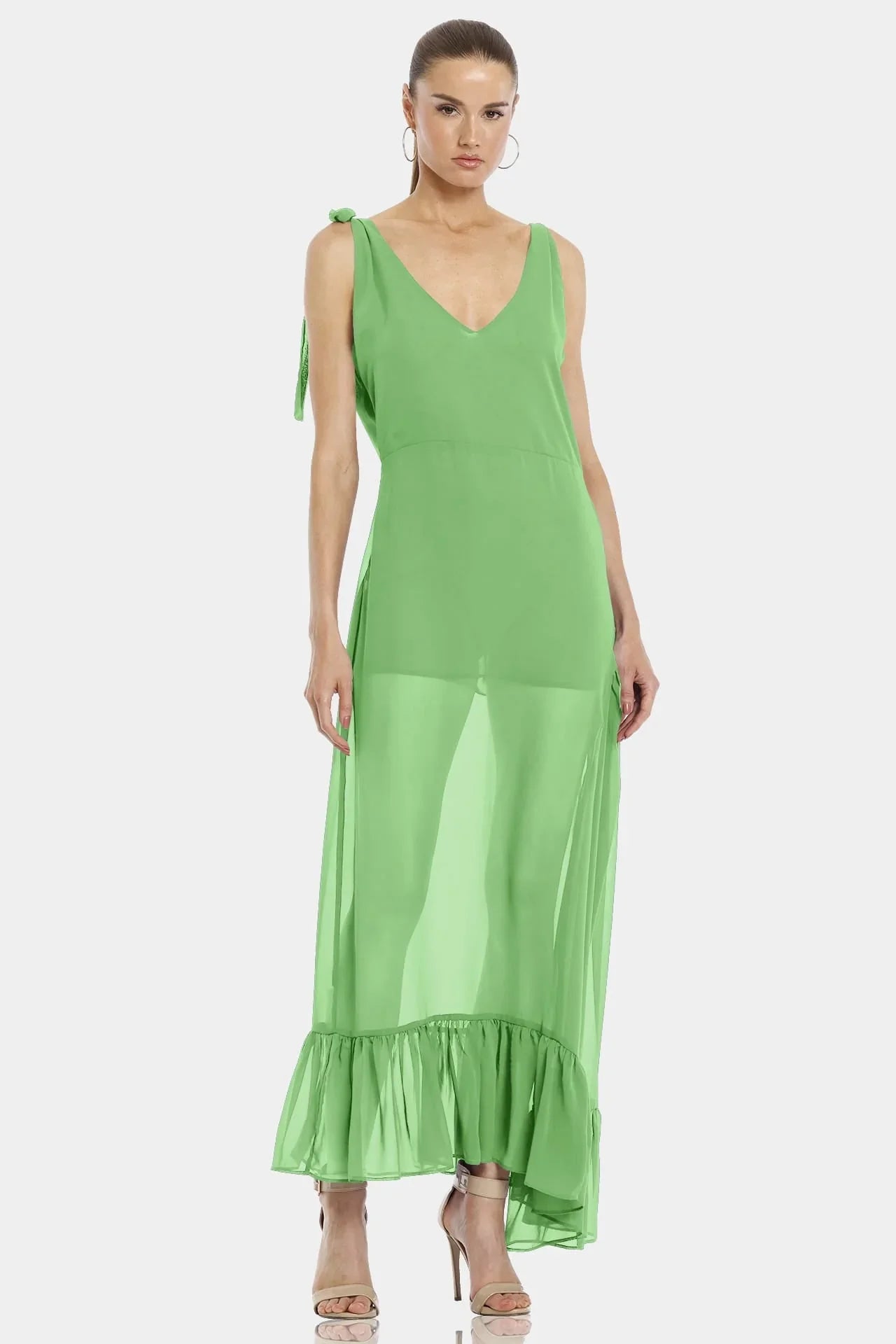Plunged Neckline | Mint Green Maxi Dress | Sheer Maxi Dress | Qishma Large