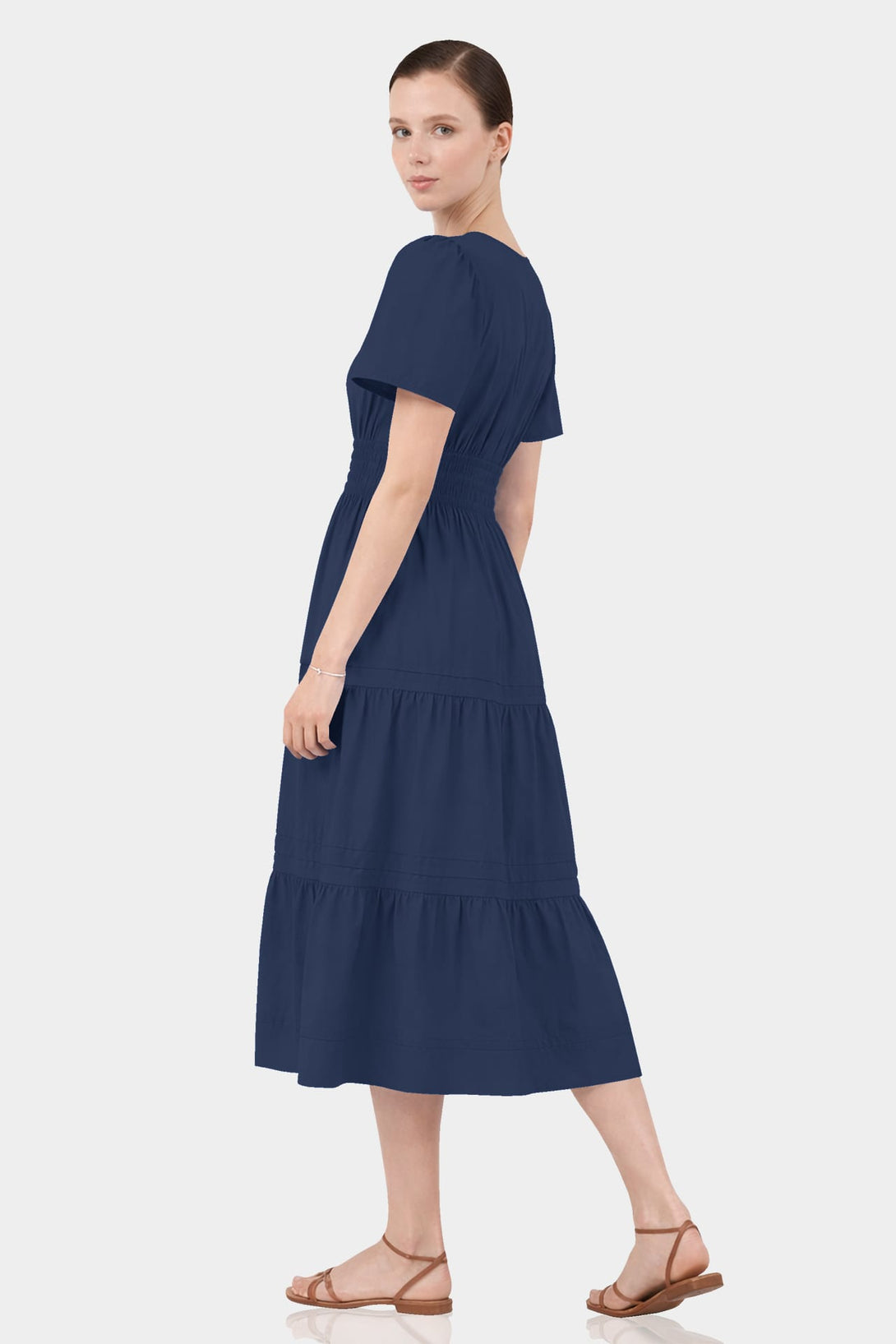 Standard / S Midnight Navy Smocked Waist Cotton Midi Dress for Women – Business Casual & Everyday Wear