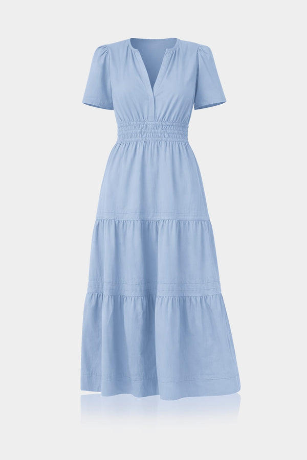 Standard / S Powder Blue Smocked Waist Tiered Cotton Midi Dress for Women – Fit-and-Flare Dress