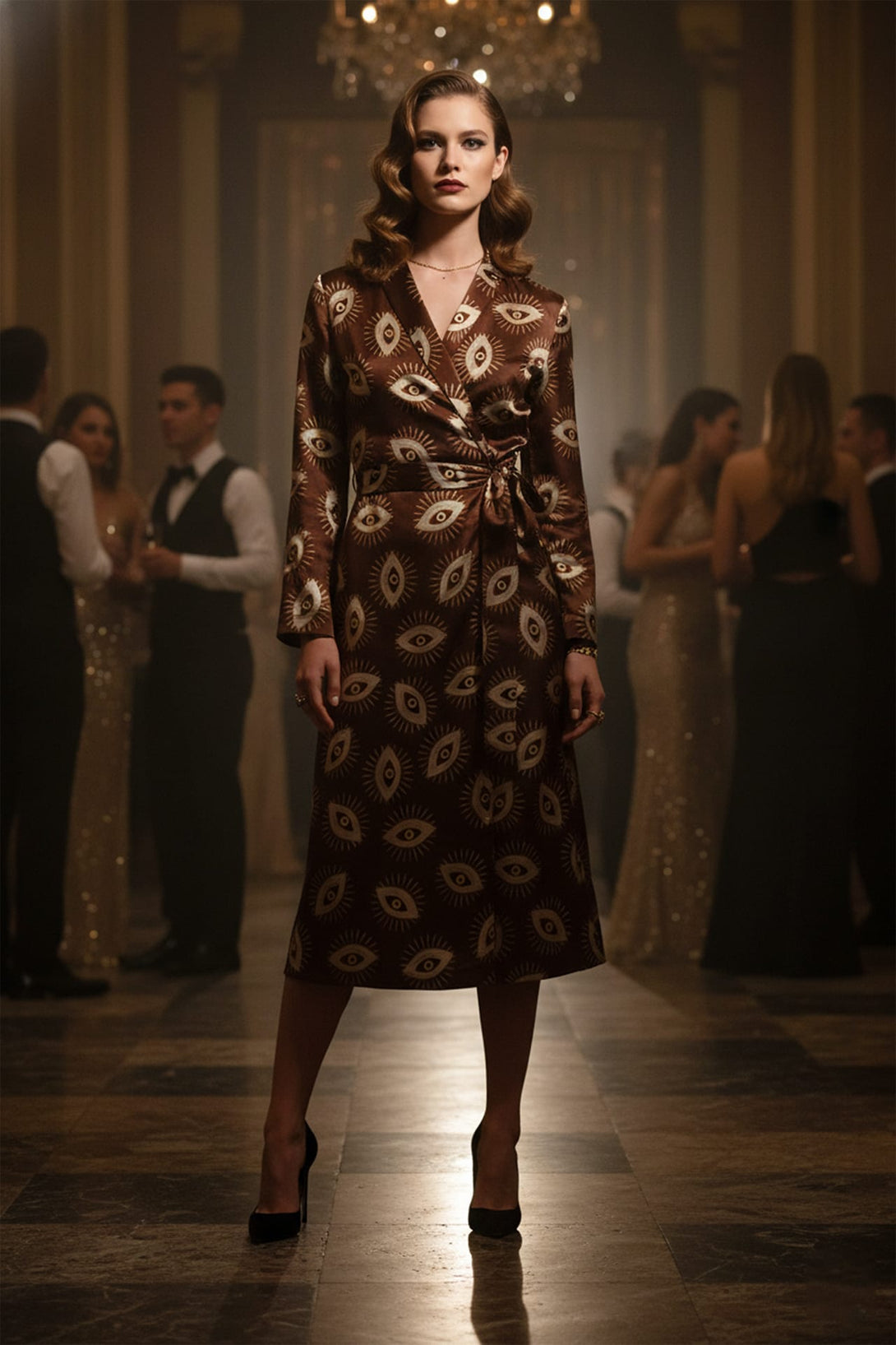 Fashion-forward evil eye wrap dress with symbolic motifs, Shahida,