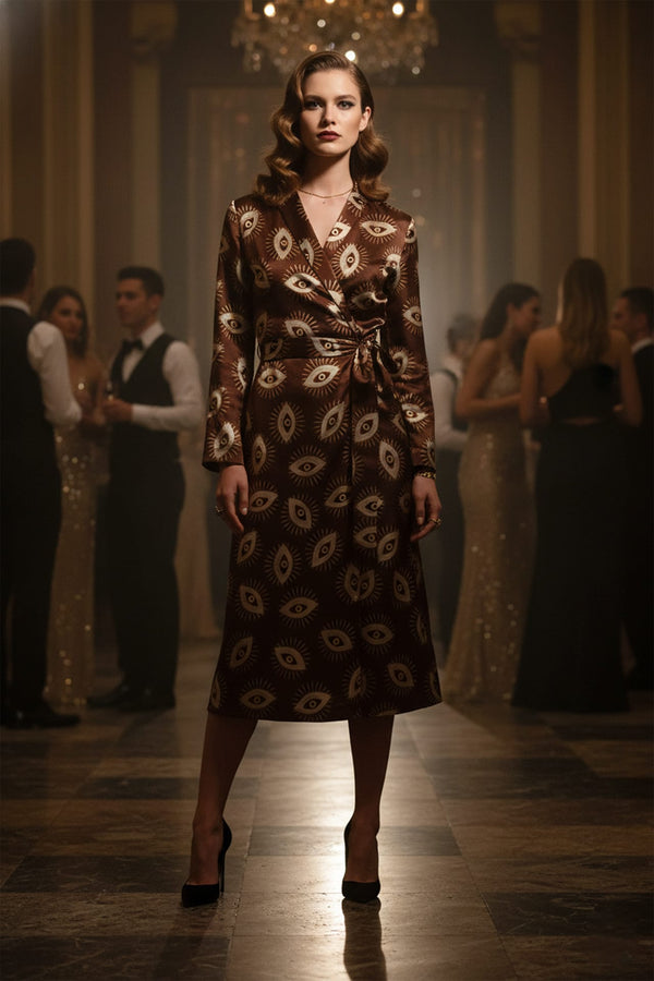 Fashion-forward evil eye wrap dress with symbolic motifs, Shahida,