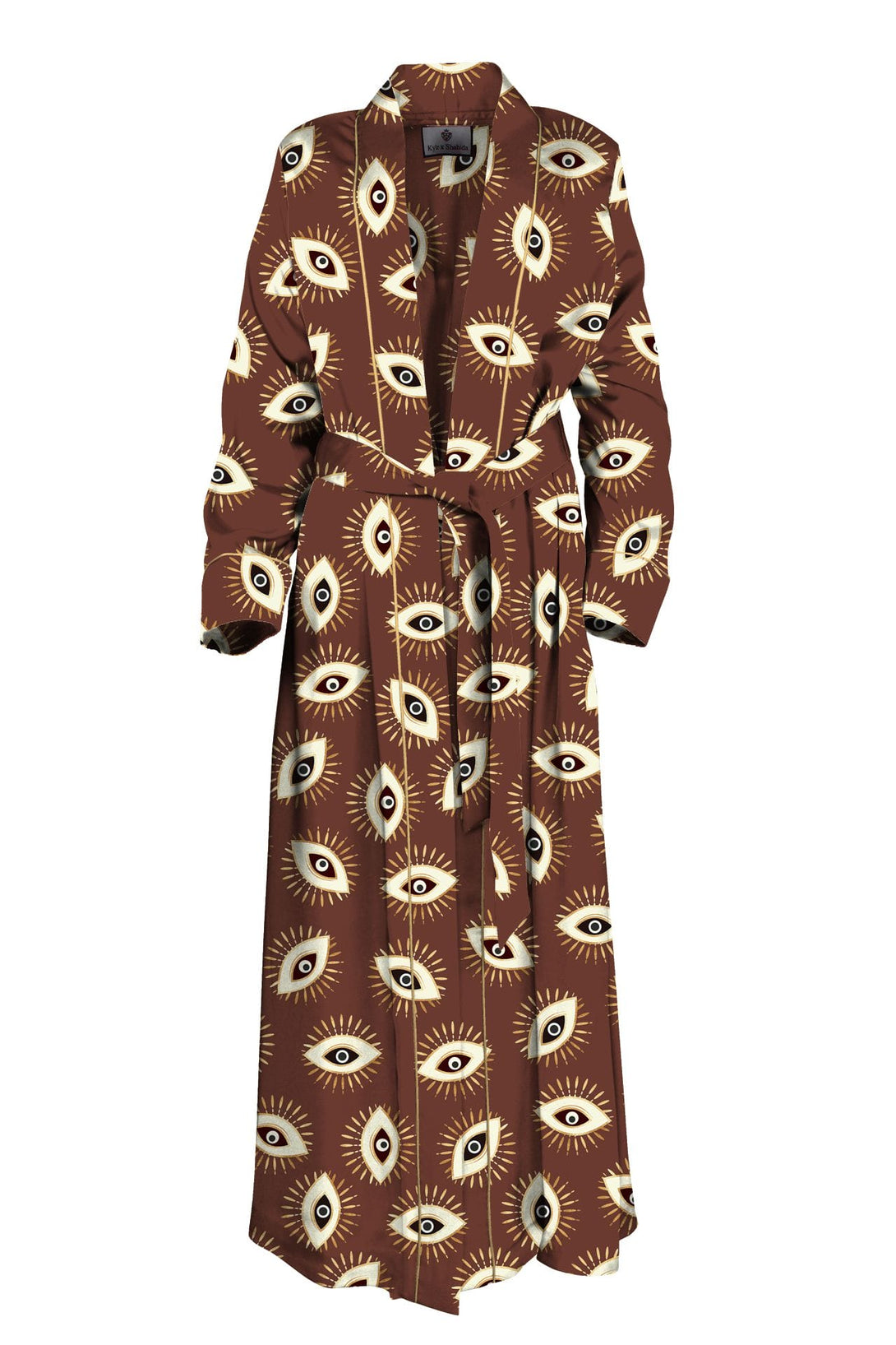 evil eye, spiritual print, robe dress, flowing silhouette, boho luxury, resort fashion