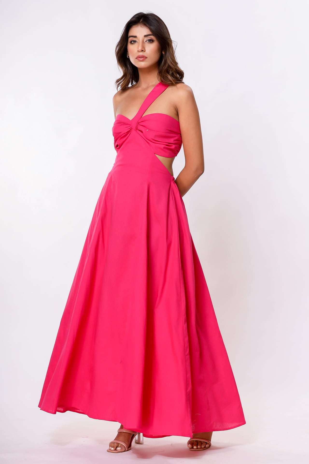 S Fuchsia Pink One-Shoulder Cutout Cotton Maxi Dress – Tropical Sunset Maxi Dress
