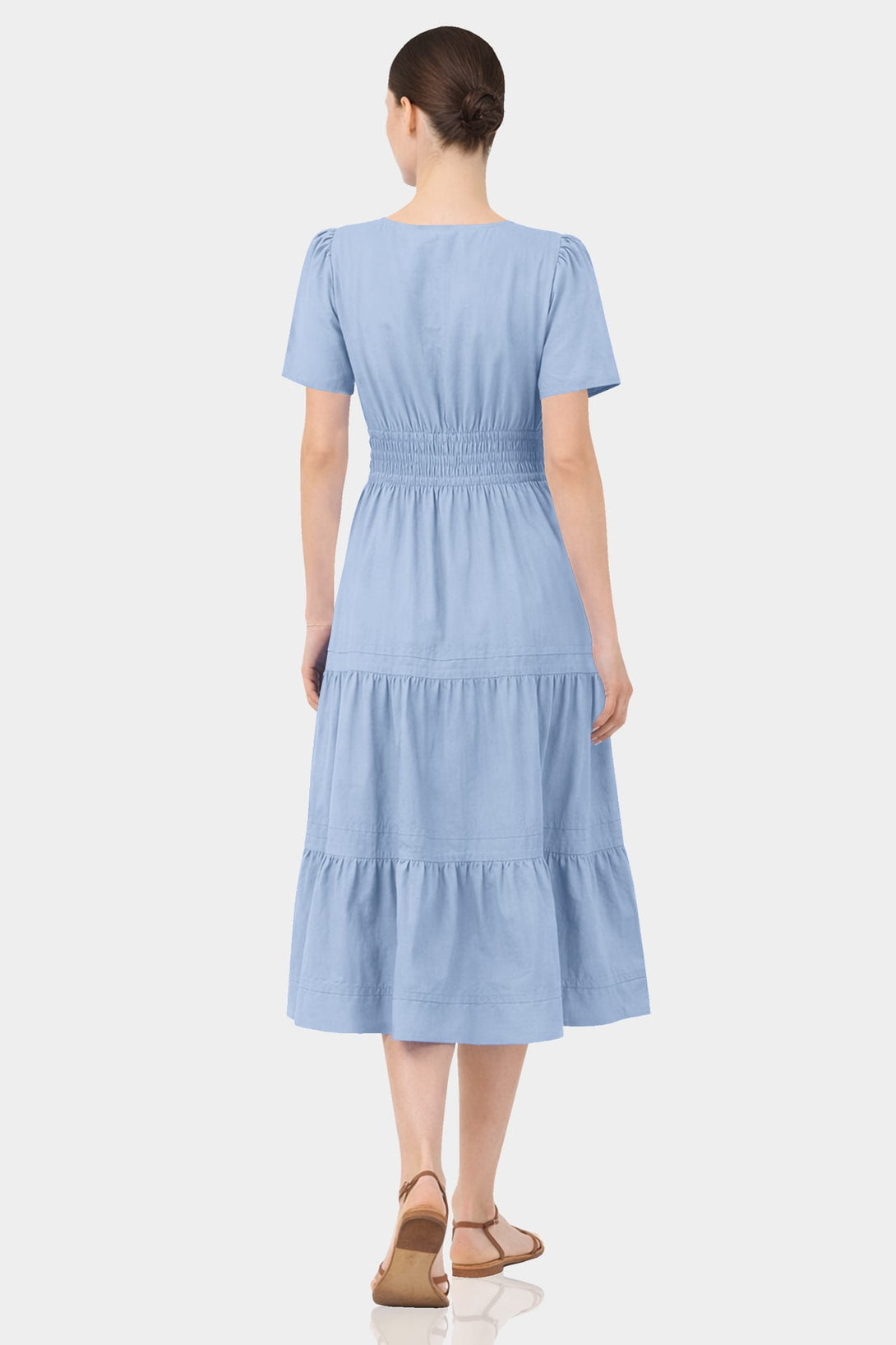 Standard / S Steel Blue Tiered Midi Dress with Elastic Waist – Resort Wear Midi Dress