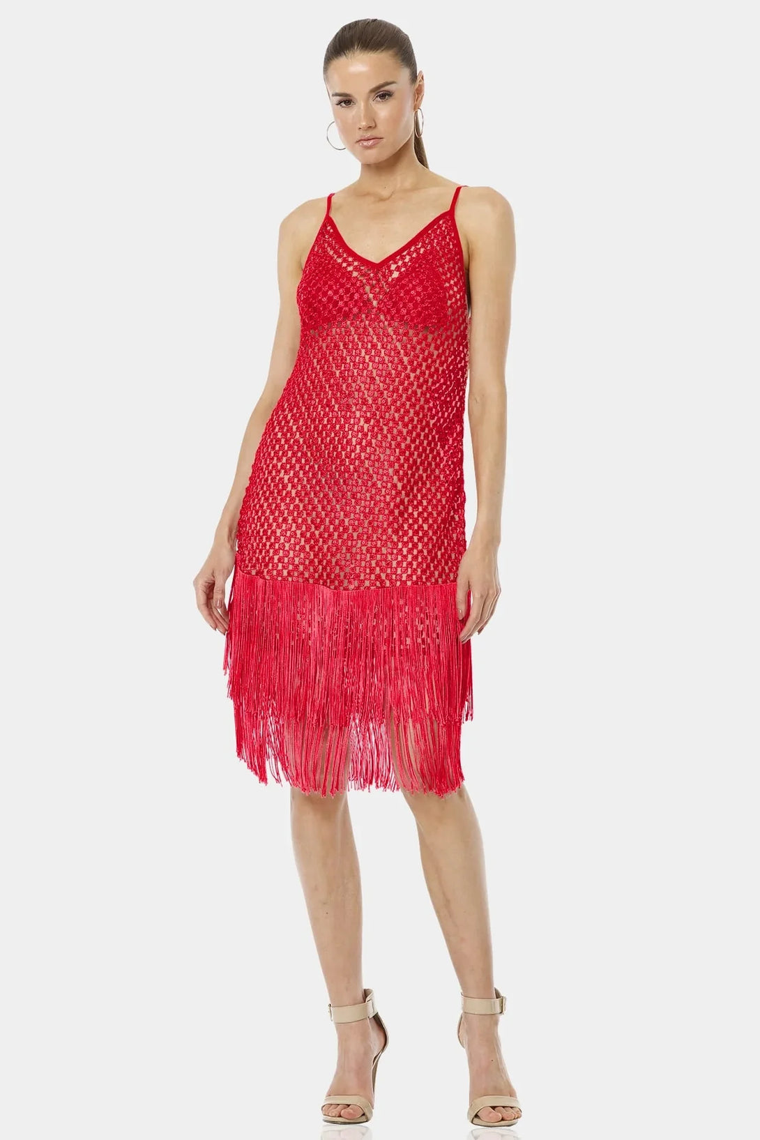 womens fringe dress Extra Large Chili Red Midi Dress With Long Fringe