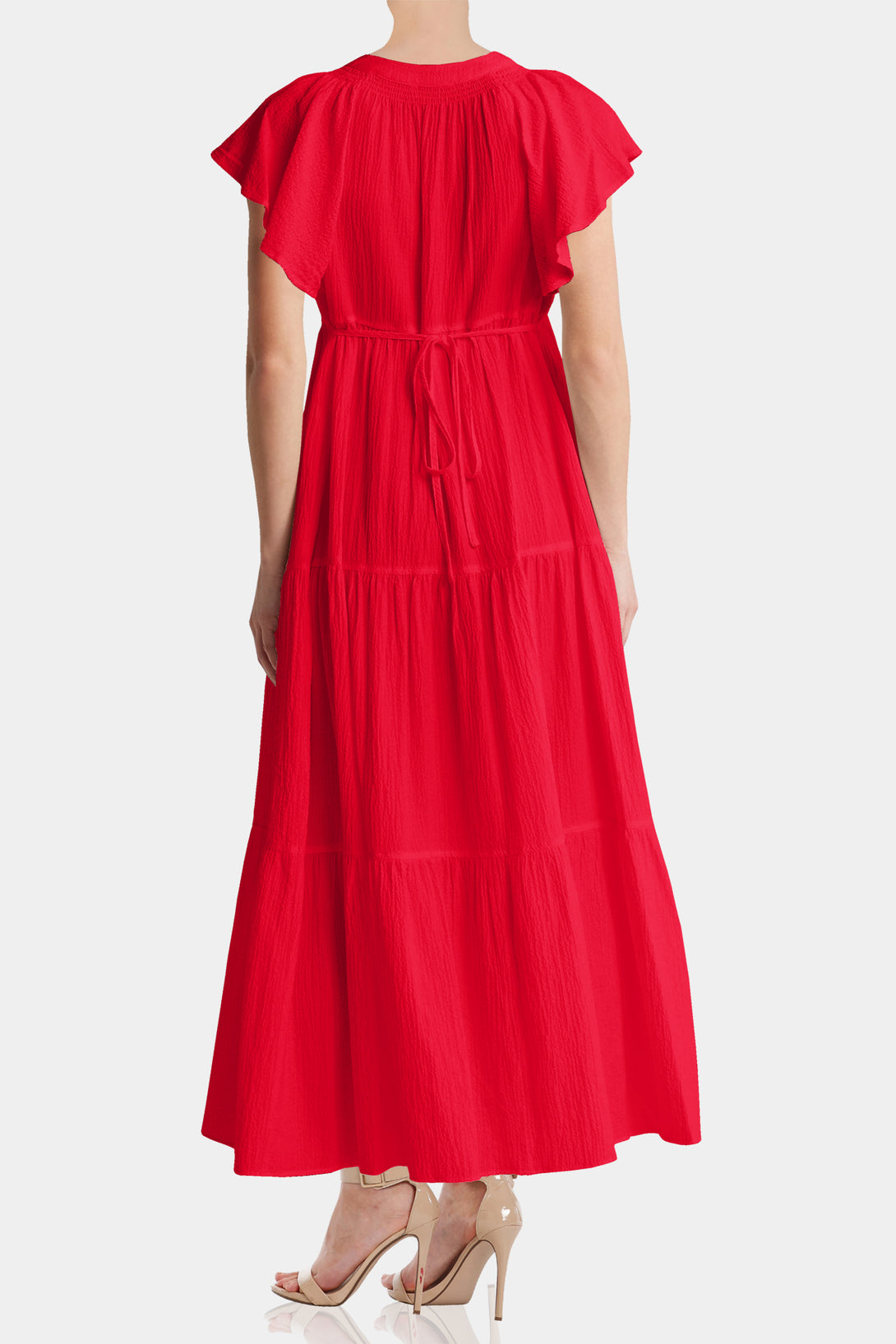 S Red Solid Flutter Sleeve Long Dress