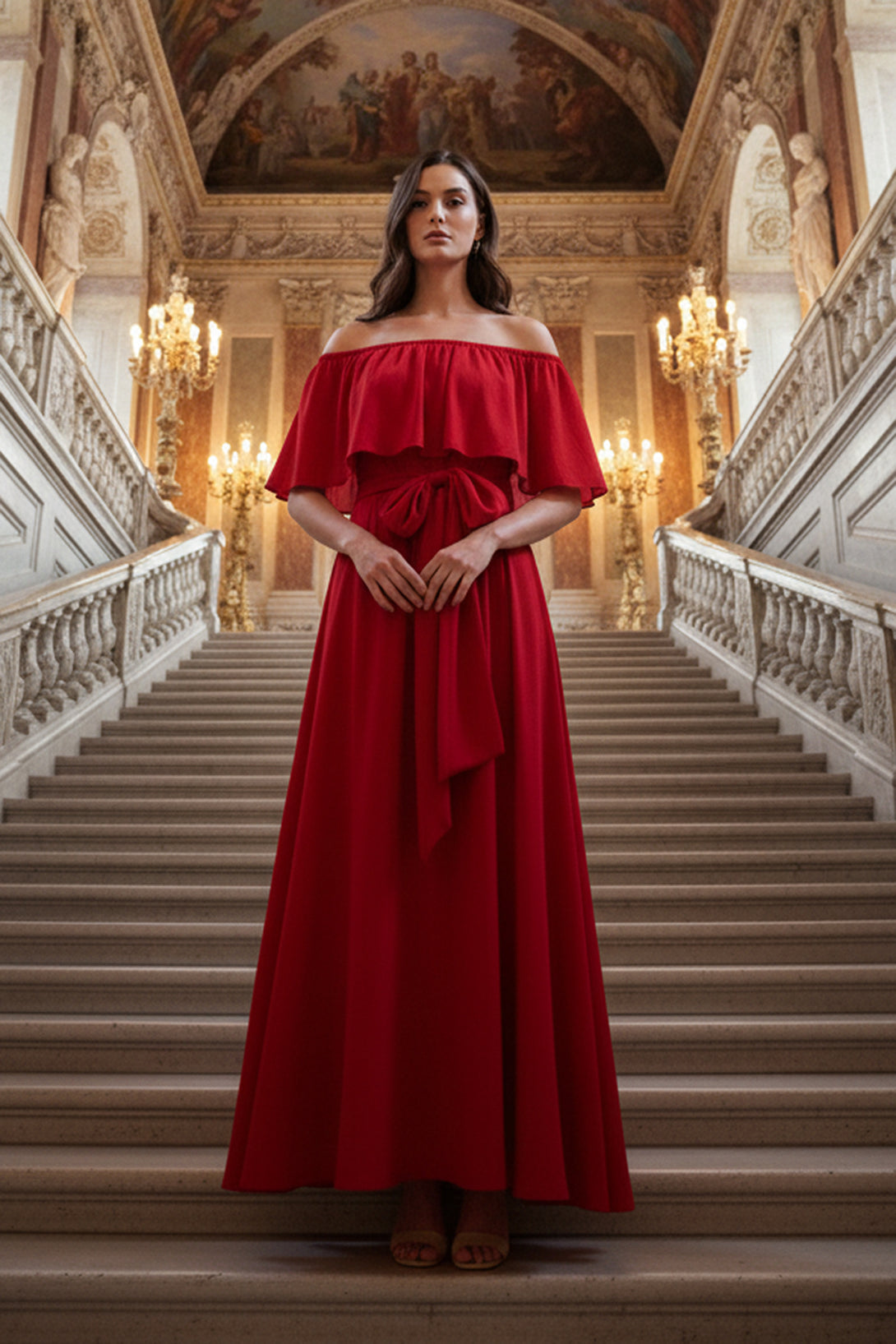 couture red off shoulder dress, classy red evening gown, modern red fashion outfit, red carpet style gown, luxury red designer wear, fashionable women’s red dress, elegant red off shoulder gown, shahida parides designer dress, timeless red evening fashion